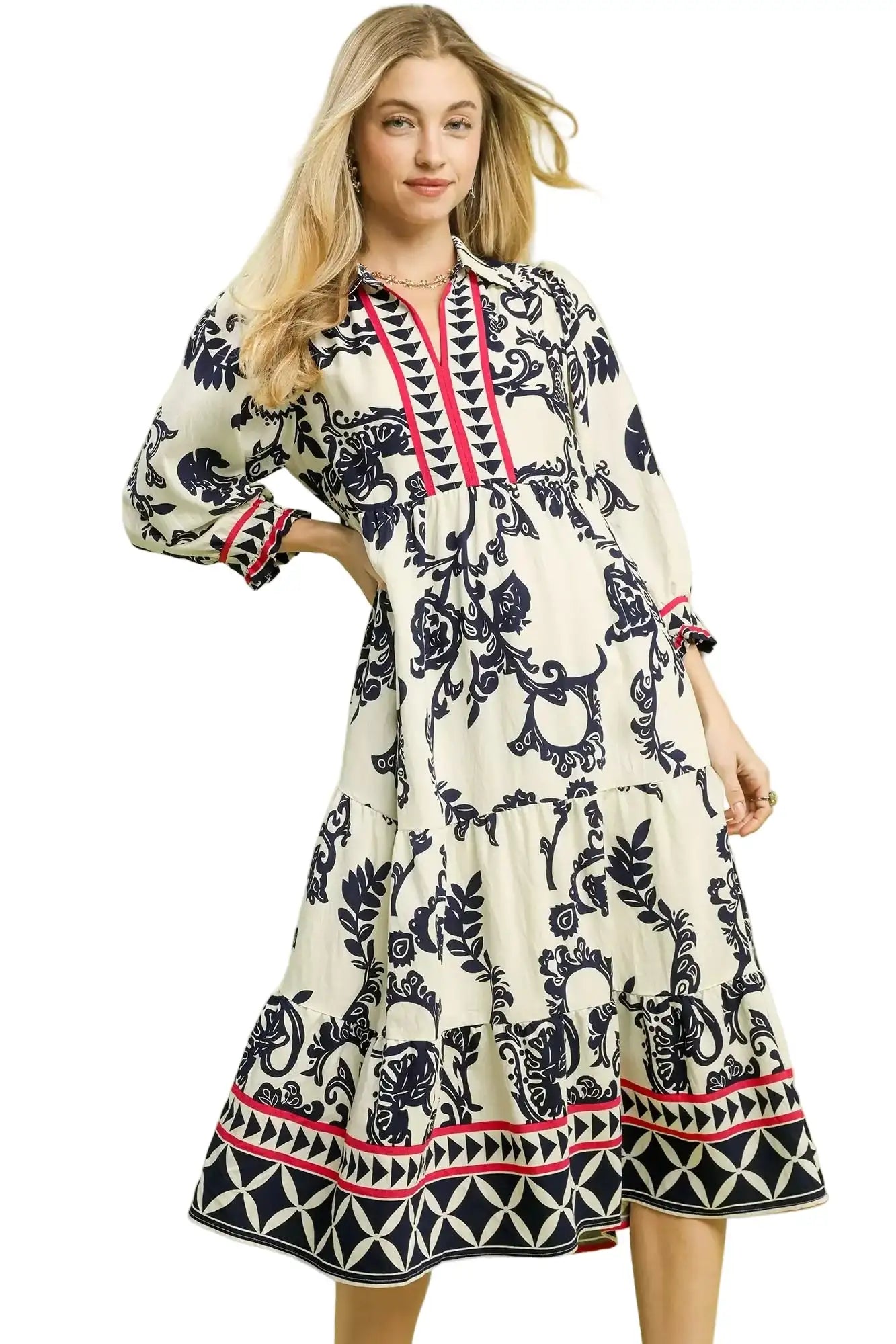 Umgee Boho Print Tiered Midi Dress NAVY