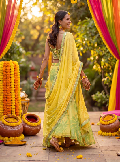 Tropical Yellow Corset Lehenga Set – A Blend of Elegance & Modern Glam