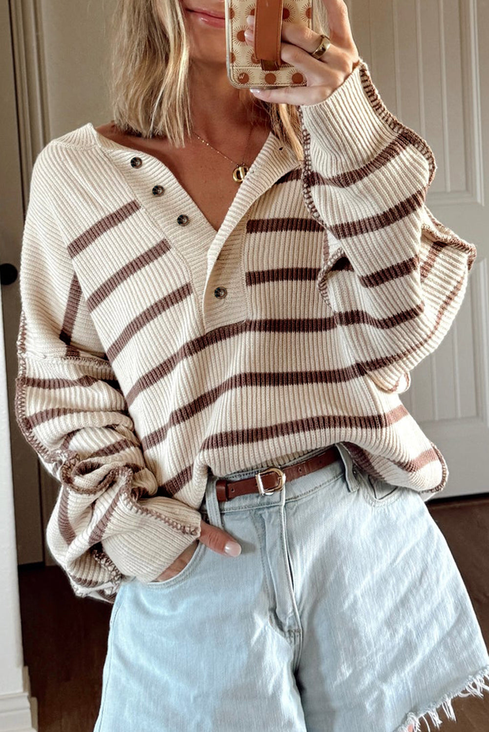 Brown Stripe Ribbed Henley Drop Shoulder Slouchy Sweater Brown Stripe 52%Viscose+26%Polyester+22%Polyamide