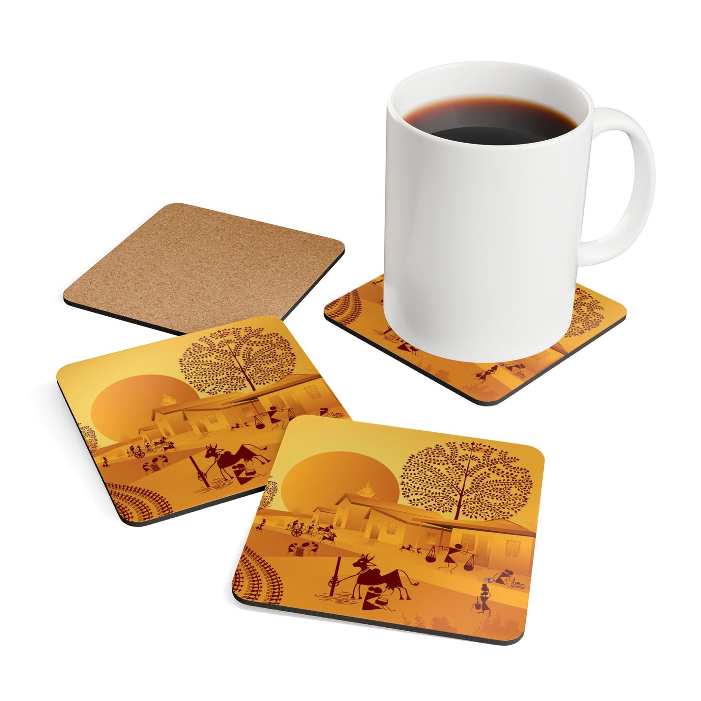 Artistic Coaster Set for Home Decor, Rustic Cork Coasters, Unique Gift for Housewarming, Celebrations, Eco-Friendly Drinkware