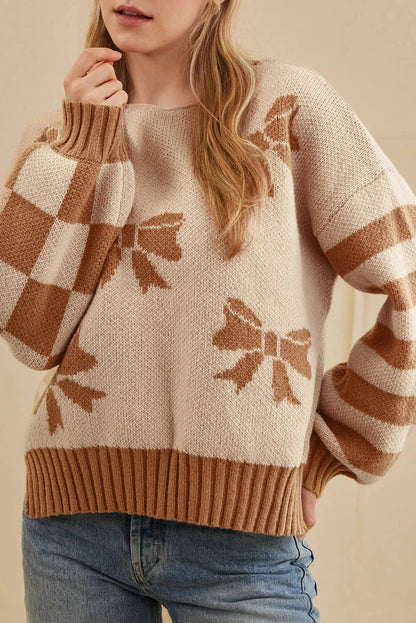 Straw Yellow Striped Checkered Sleeves Bow Print Knit Sweater Straw Yellow 65%Acrylic+35%Polyamide