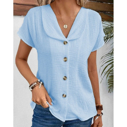 🌞 Women's Summer Solid Color Short-Sleeved Button Cardigan Top Light Blue XS