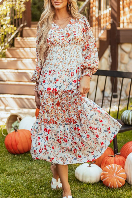 Floral V-Neck Ruffle Long Sleeve Midi Dress Khaki