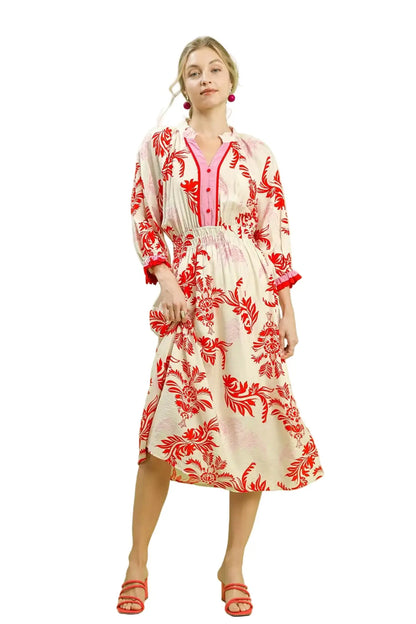 Umgee Tropical Print Button Detail Midi Dress TOMATO