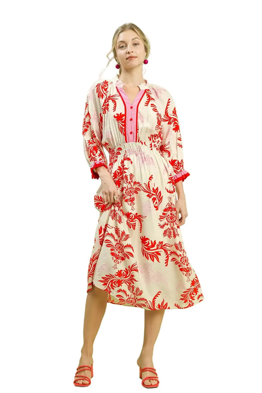 Umgee Tropical Print Button Detail Midi Dress TOMATO