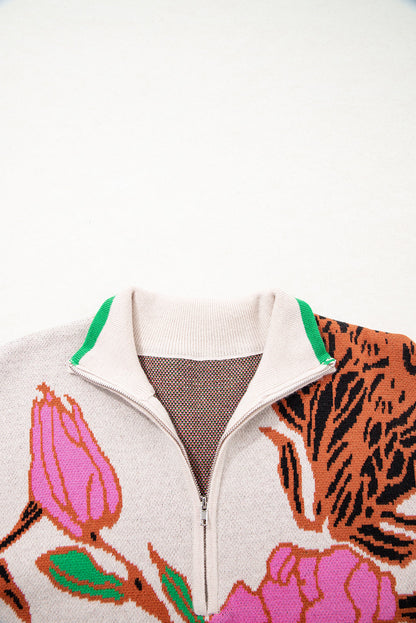 Khaki Contrast Trim Floral Pattern Quarter Zip Stand Neck Sweater