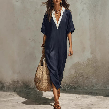 Women's V-Neck Loose Cropped-Sleeve Linen Midi Dress with Pockets Dark Blue