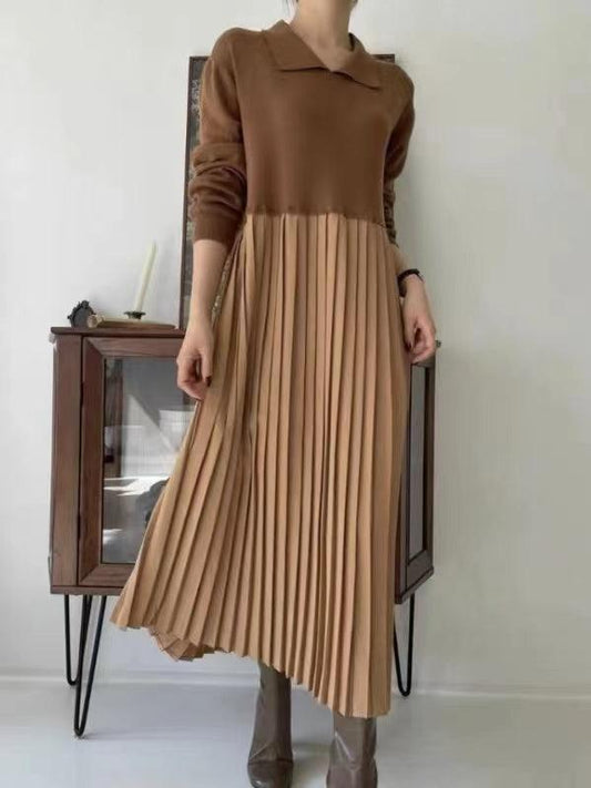 Knit Pleated Split-joint Long Dresses Khaki Onesize