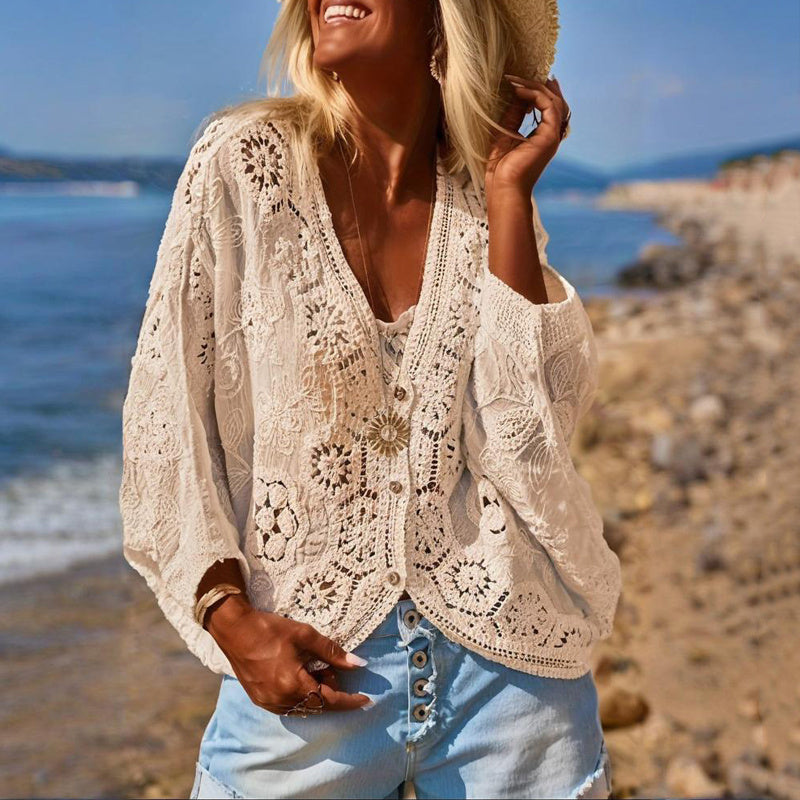 Boho Lace V-Neck Cardigan Apricot One size
