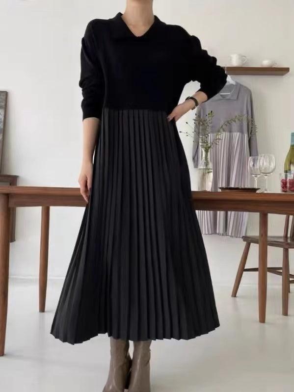 Knit Pleated Split-joint Long Dresses Black Onesize