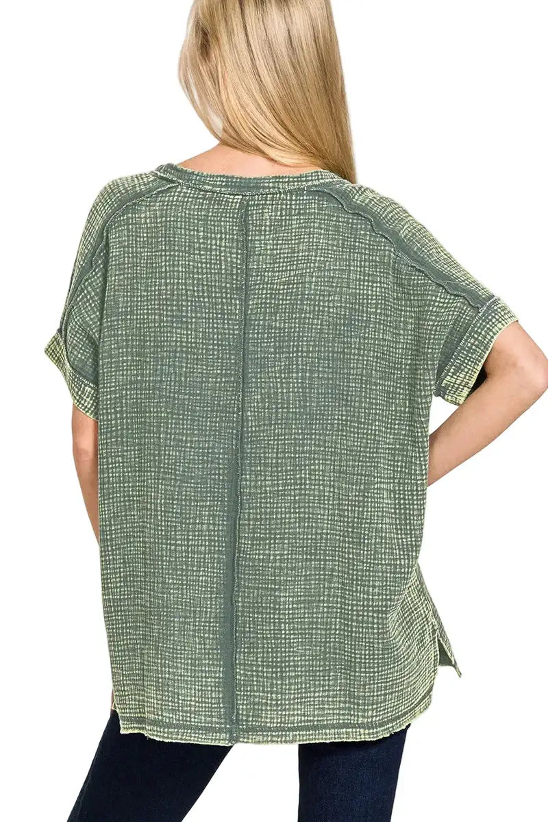 Zenana Acid Washed Double Gauze V-Neck Tee