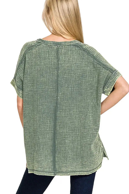 Zenana Acid Washed Double Gauze V-Neck Tee