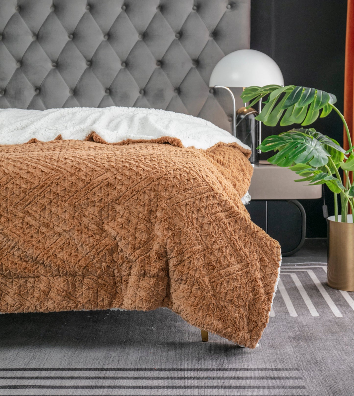 Tache Caramel Brown Faux Fur Throw Blanket Chevron Geometric Embossed (#10) 90 x 90