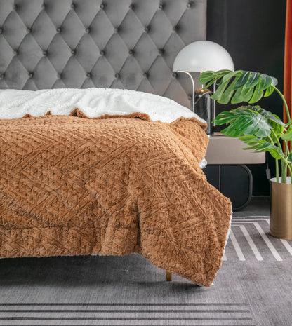 Tache Caramel Brown Faux Fur Throw Blanket Chevron Geometric Embossed (#10) 90 x 90