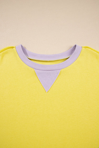 Yellow Striped Color Block Patchwork Crewneck Plus Size Pullover Sweatshirt