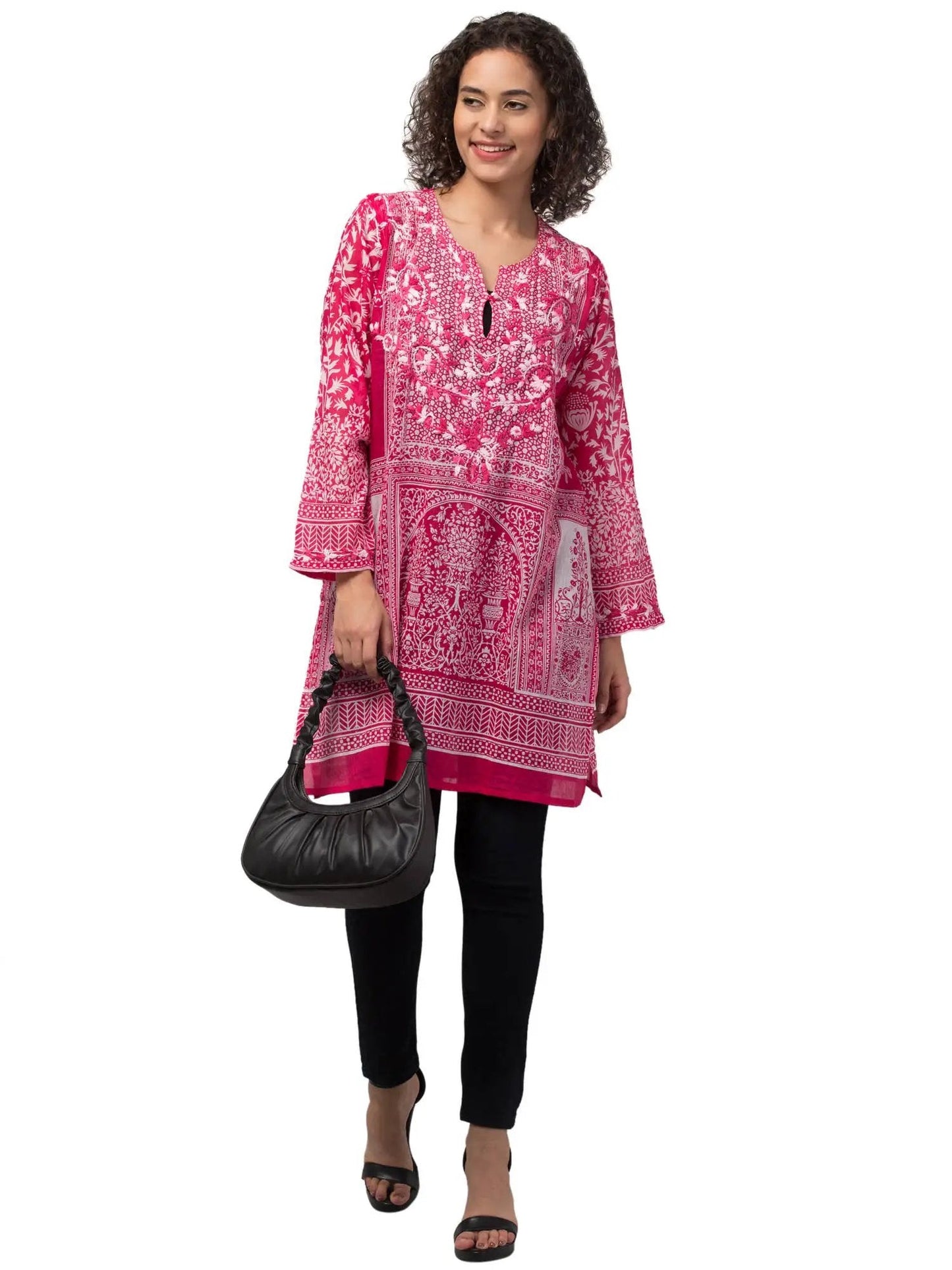 Gia Tunic Top - Hand Embroidered Chikankari On Vibrant Organic Cotton In Hot Pink
