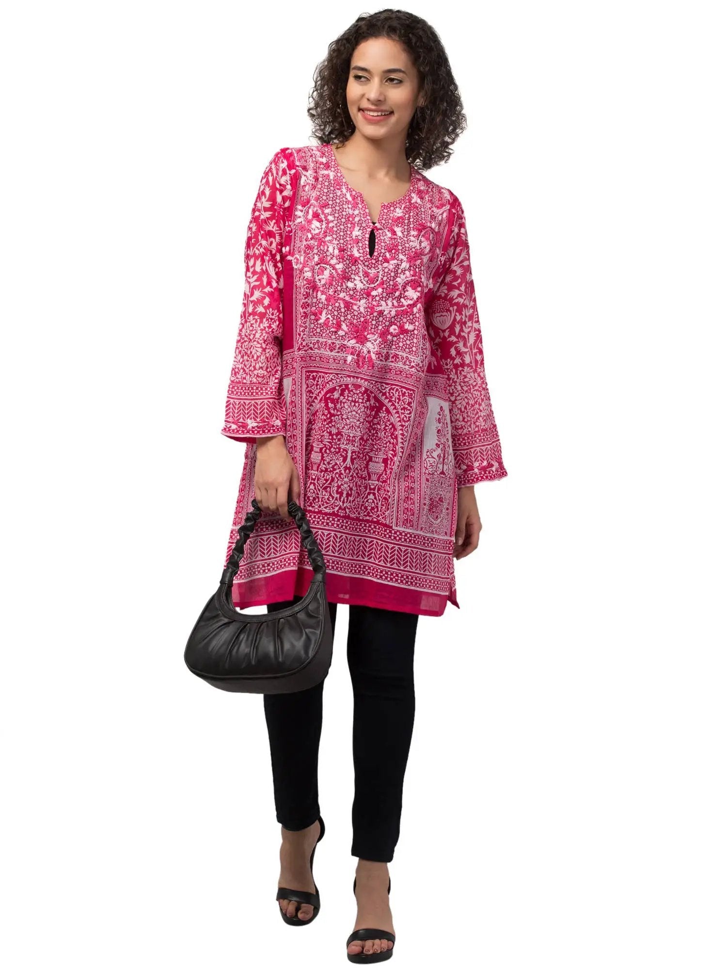 Gia Tunic Top - Hand Embroidered Chikankari On Vibrant Organic Cotton In Hot Pink