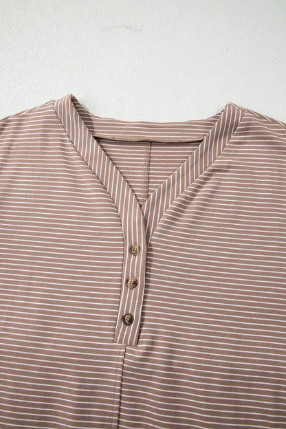Stripe Buttoned V-Neck Short Sleeve T-Shirt
