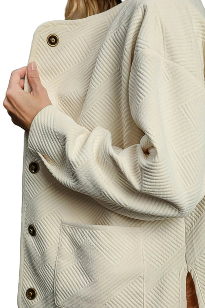 Garden Naked Womens Casual Bomber Jacket Quilted Diamond Pattern Oversized Outerwear Round Neck Long Sleeve Cream White
