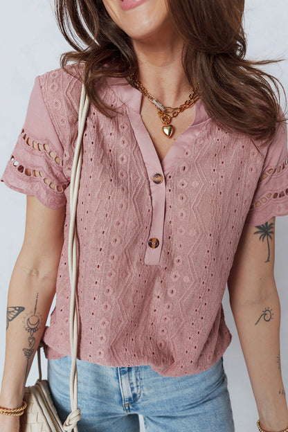 Eyelet Textured Half-Button Short Sleeve Blouse Fushia