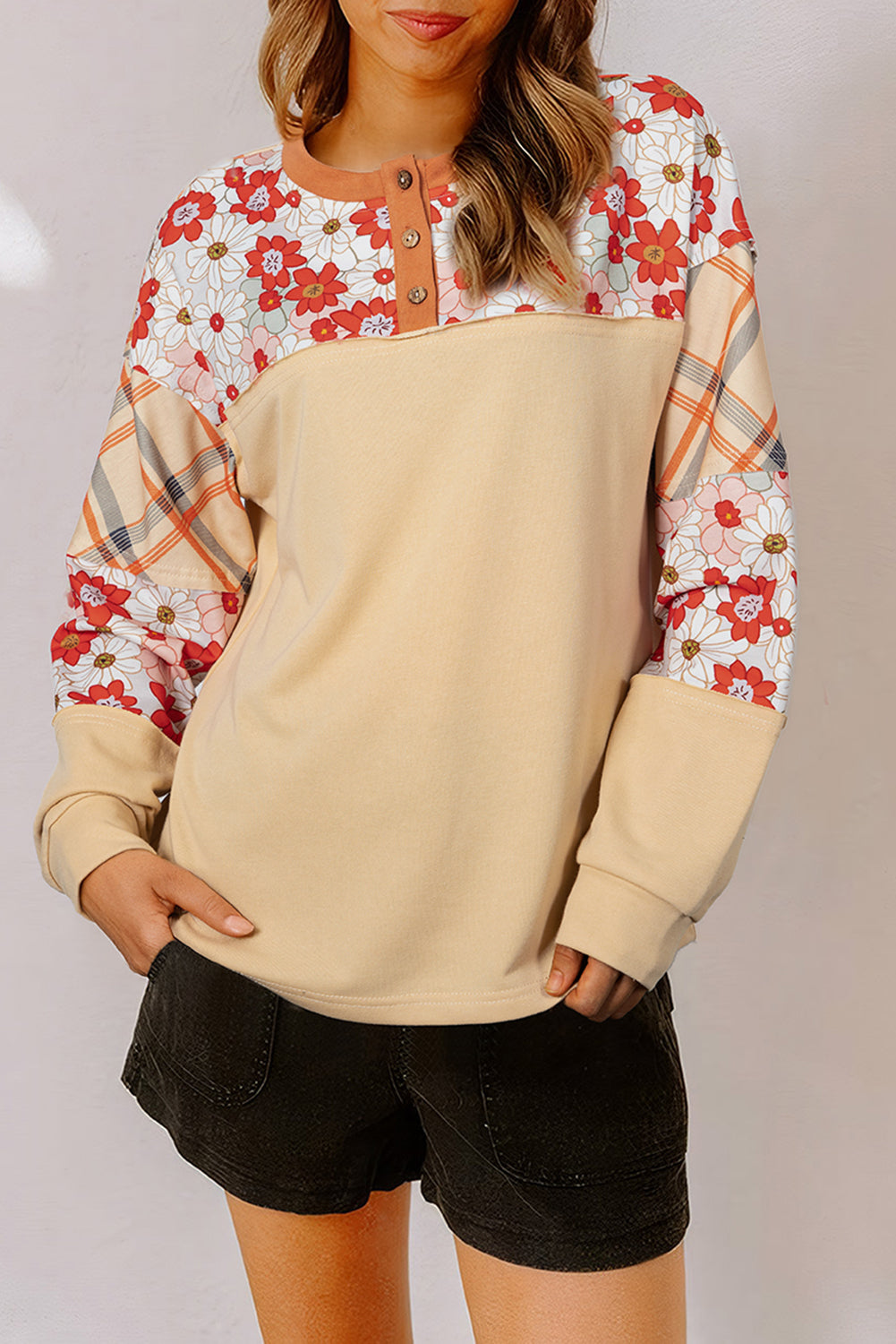 Parchment Floral Plaid Patchwork Henley Top Parchment 80%Polyester+20%Cotton