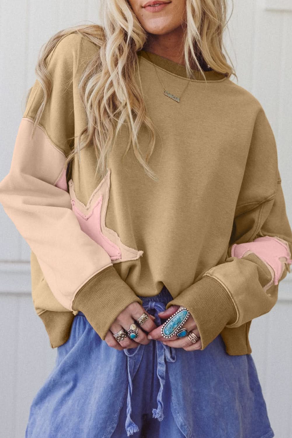 Rose Pink Star Patchwork Sweatshirt With Uneven Hem Design Sage Green 65%Polyester+35%Cotton