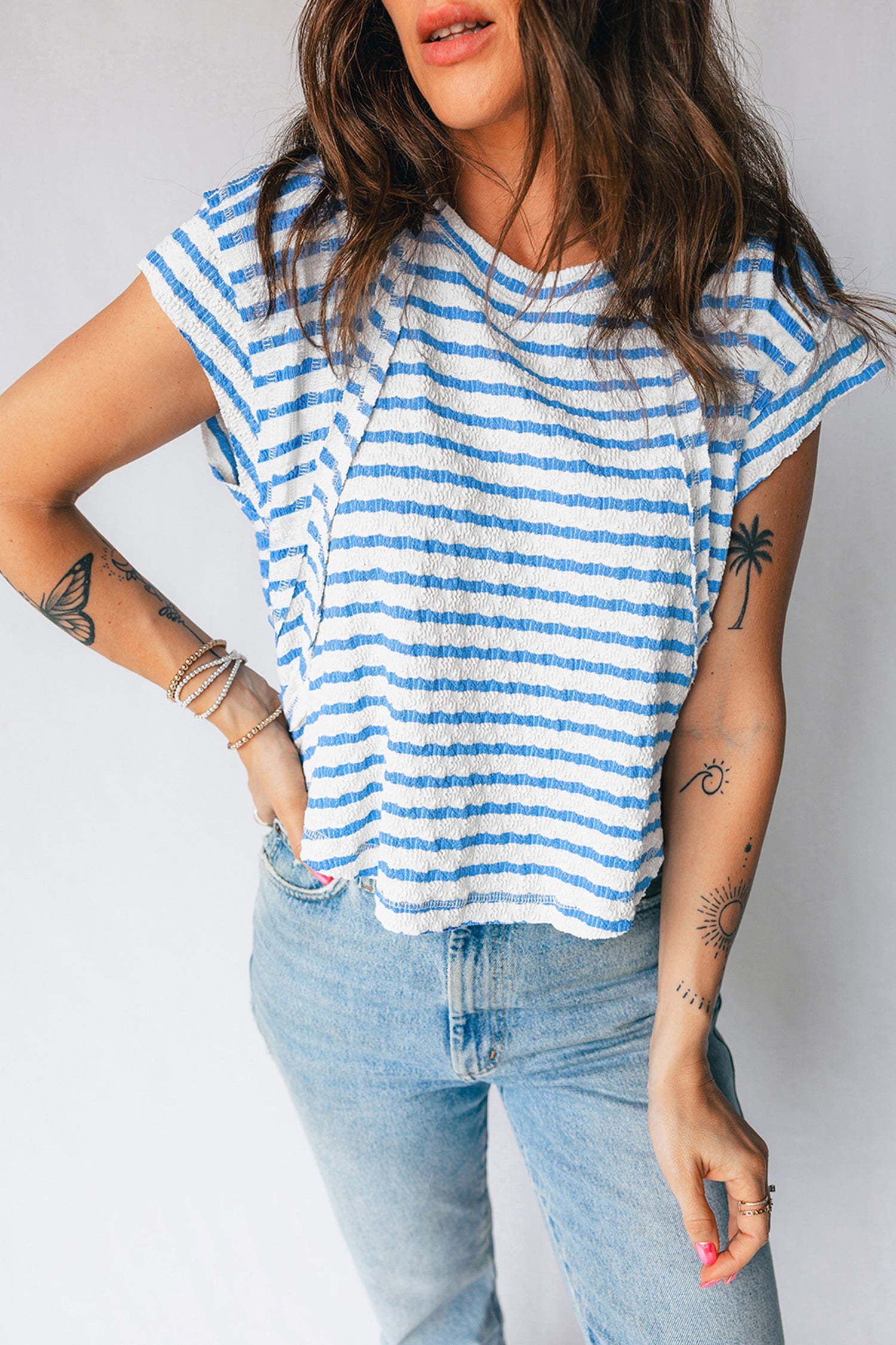 Stripe Textured Patchwork Short Sleeve T-Shirt Blue Stripe