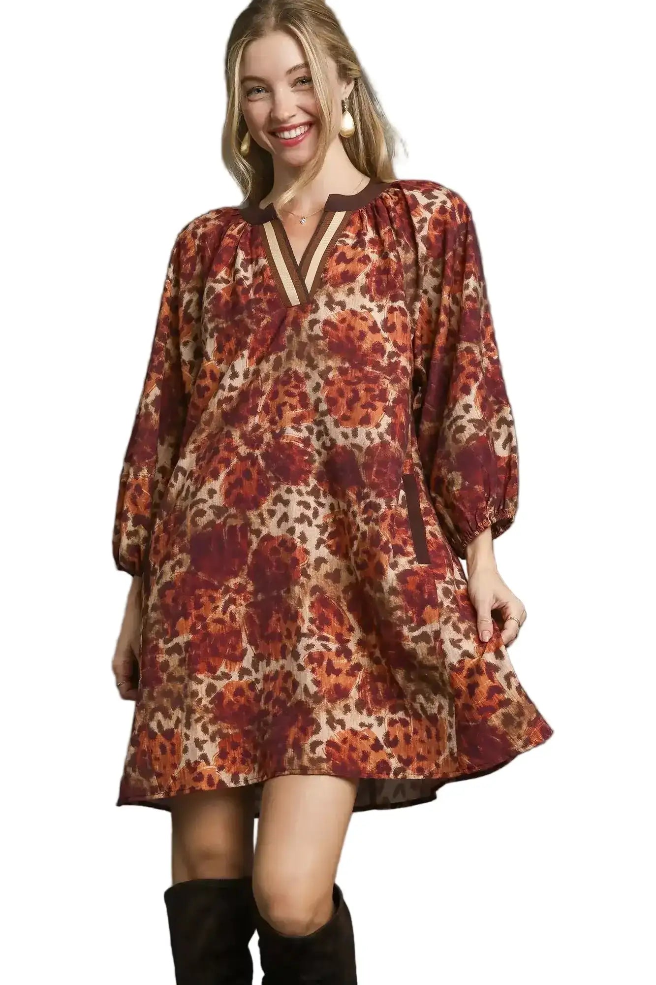Umgee Animal Print Boho Tunic Dress with Contrast Trim Detail LATTE