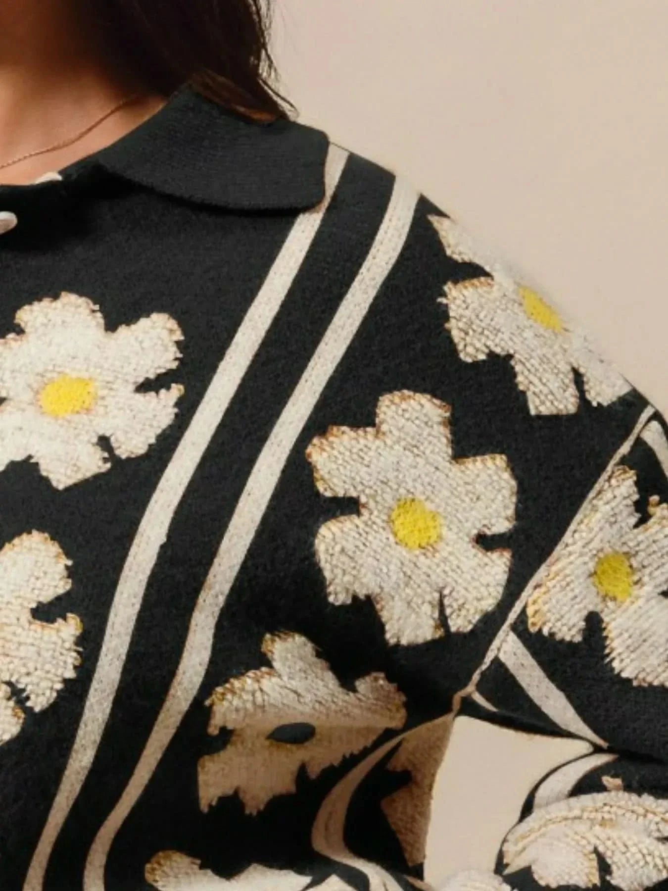 So Me Floral Stripe Polo Collar Sweater For Women Casual
