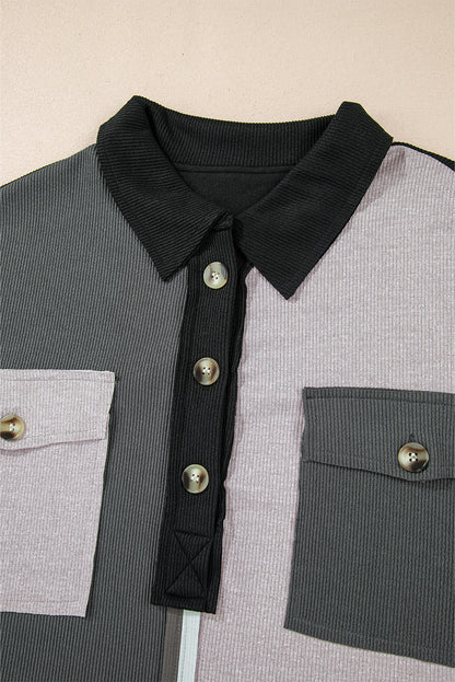 Gray Colorblock Patchwork Ribbed Oversized Henley Sweatshirt