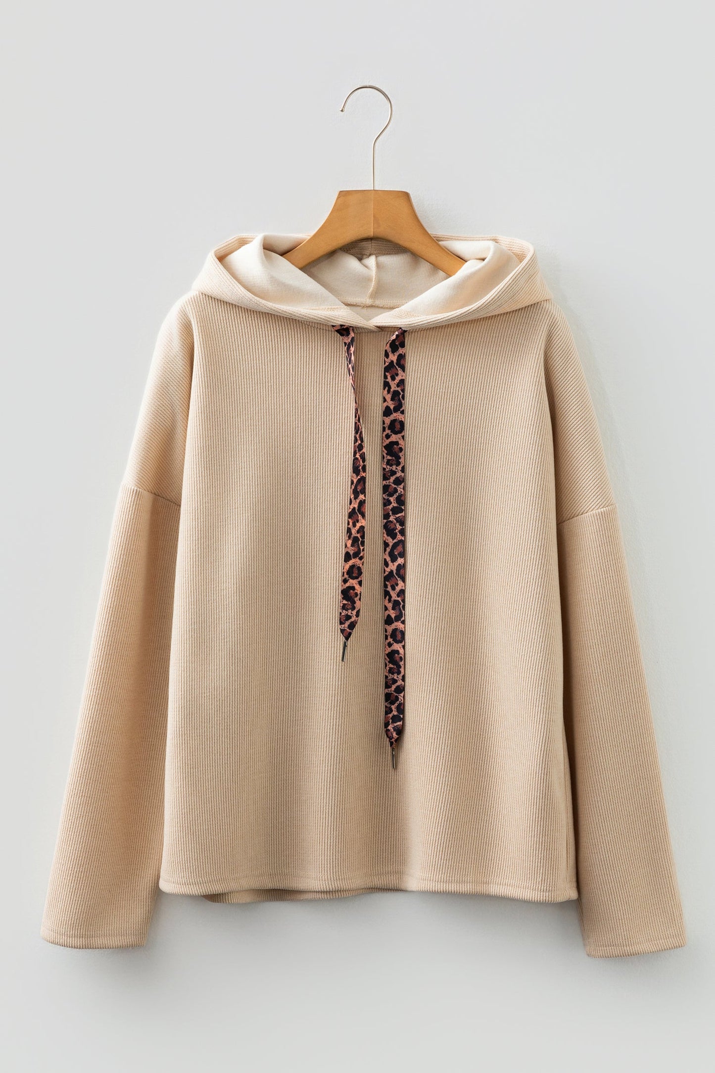 Ribbed Knit Leopard & Lace Drawstring Hoodie Parchment