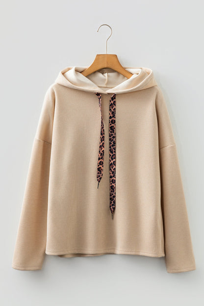 Ribbed Knit Leopard & Lace Drawstring Hoodie Parchment