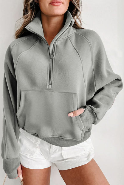 Green Zip Stand Collar Ribbed Thumbhole Sleeve Sweatshirt Gray 50%Polyester+50%Cotton