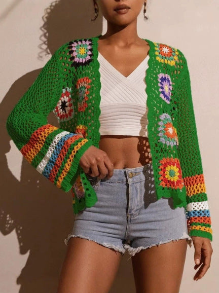 Hand-Crocheted Knitted Cardigan for Women Green