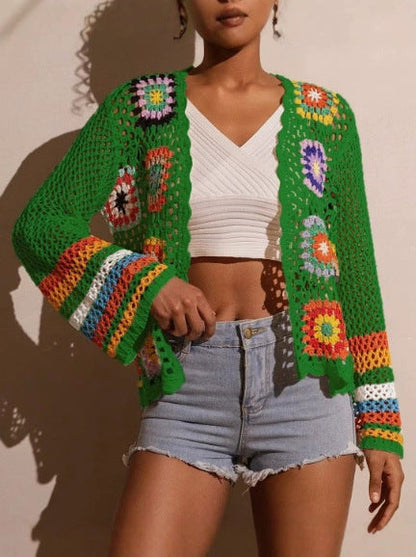 Hand-Crocheted Knitted Cardigan for Women Green