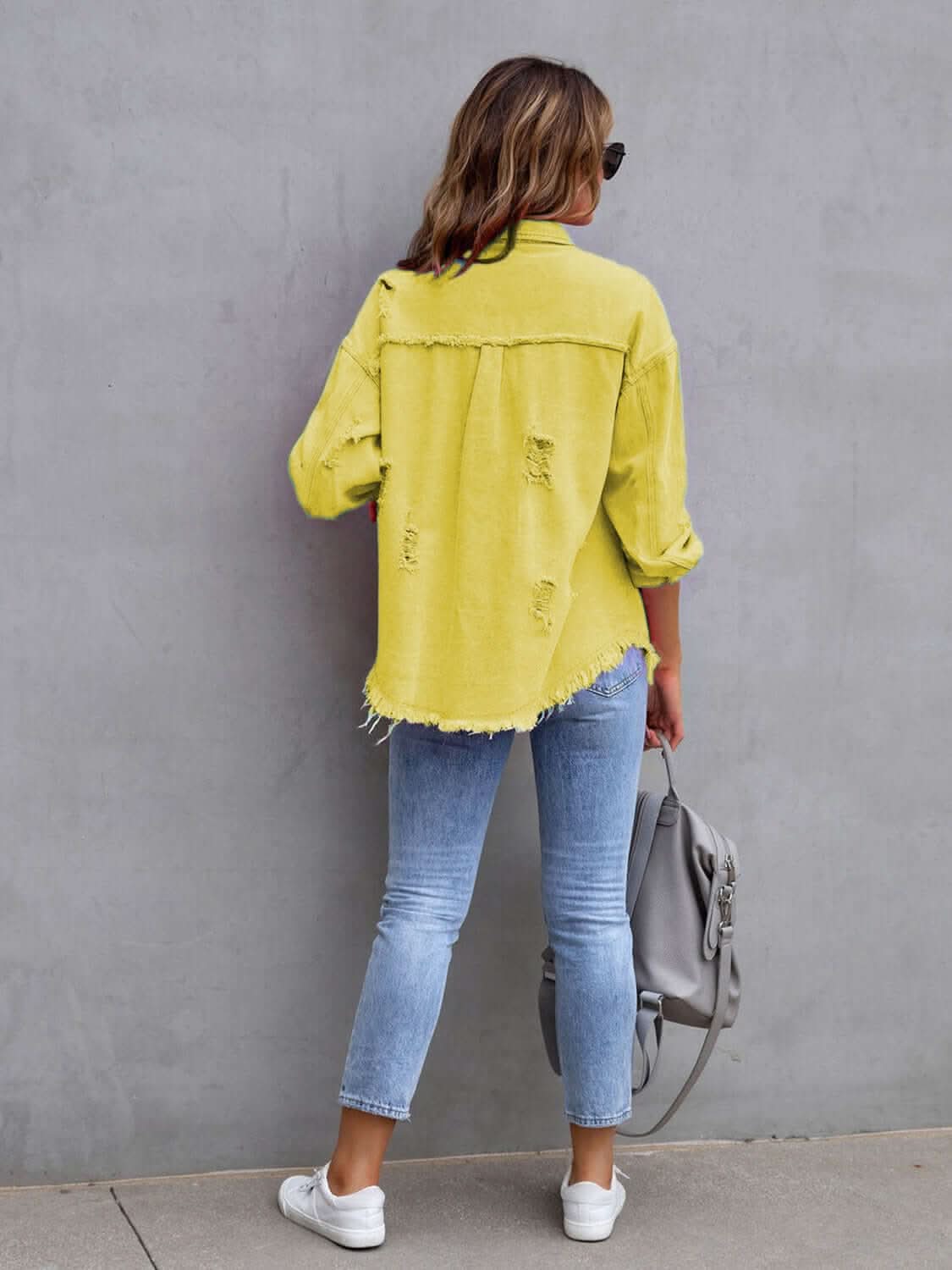 Distressed Drop Shoulder Fringe Denim Jacket Cotton Blend