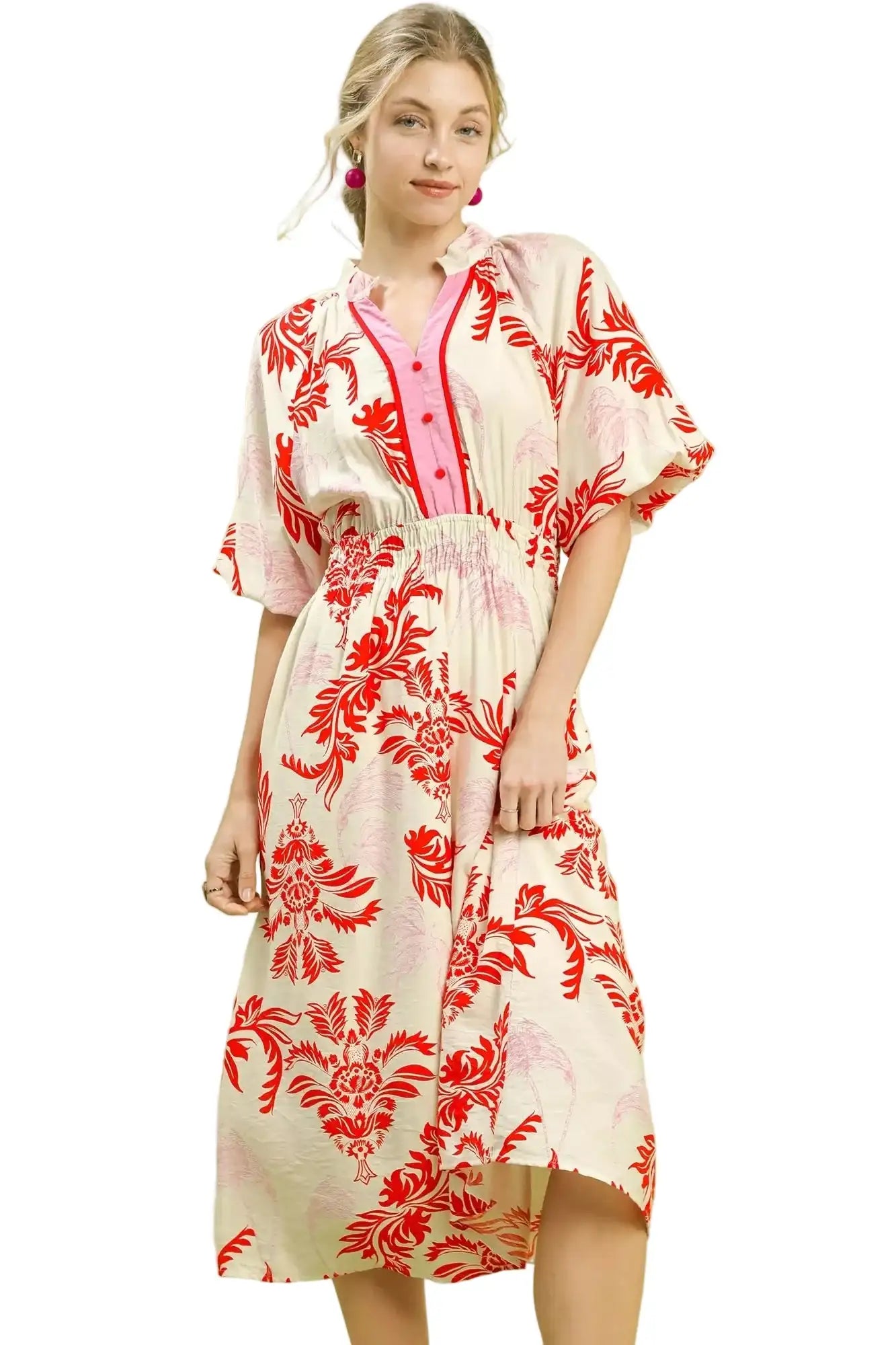 Umgee Tropical Print Button Detail Midi Dress