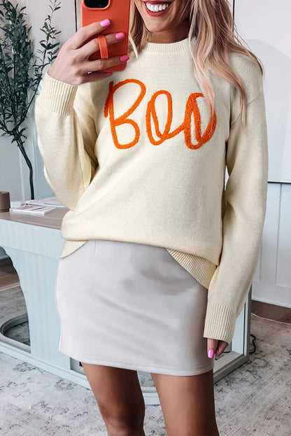 Apricot Halloween Boo Drop Shoulder Knit Sweater Apricot 50%Viscose+28%Polyester+22%Polyamide