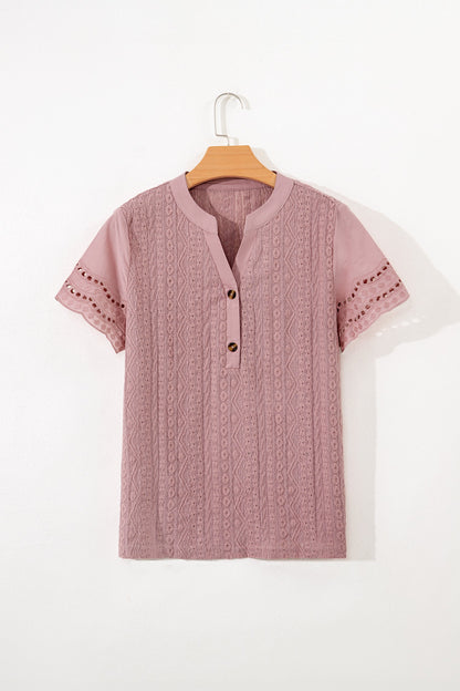 Eyelet Textured Half-Button Short Sleeve Blouse
