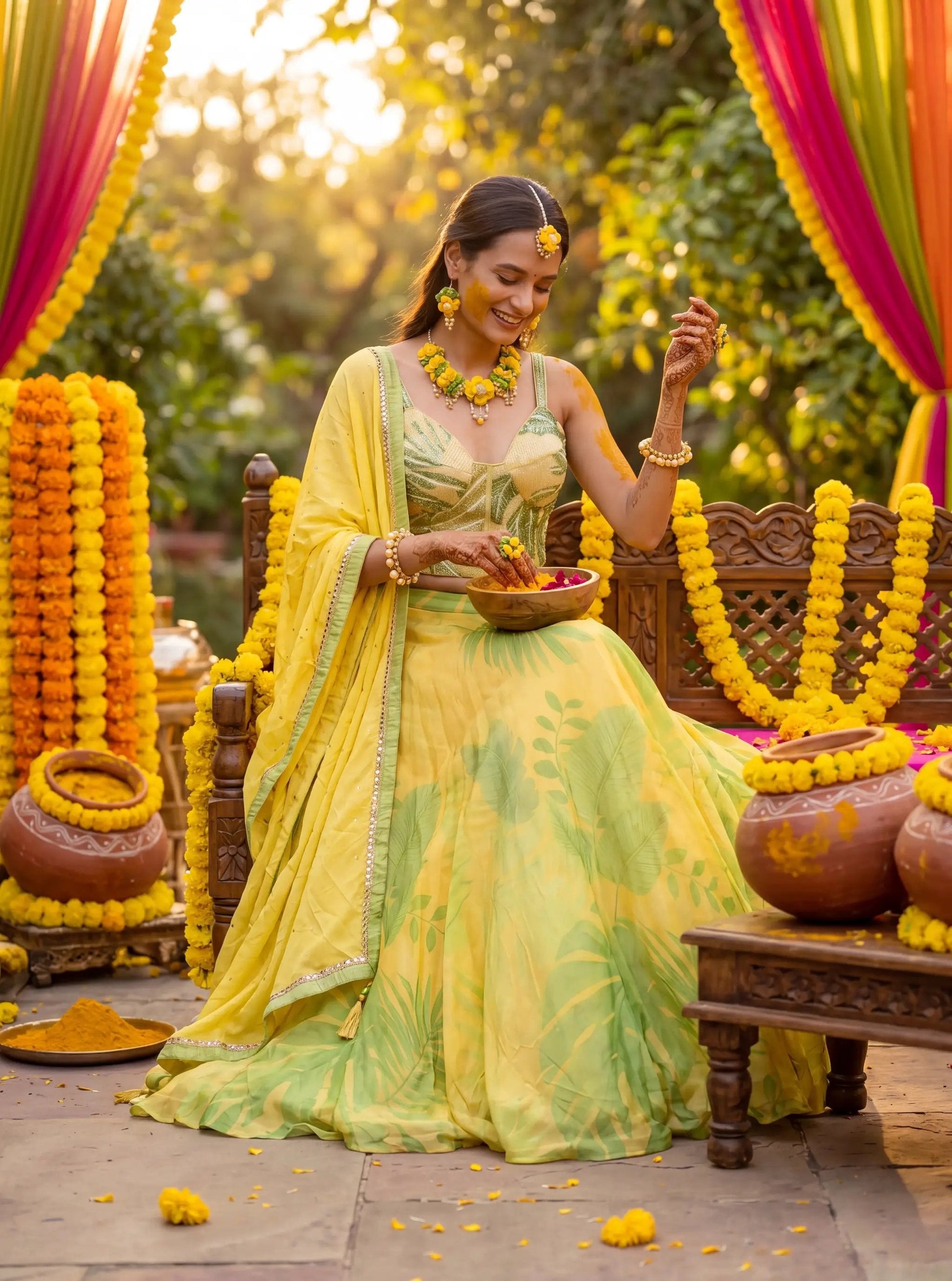 Tropical Yellow Corset Lehenga Set – A Blend of Elegance & Modern Glam
