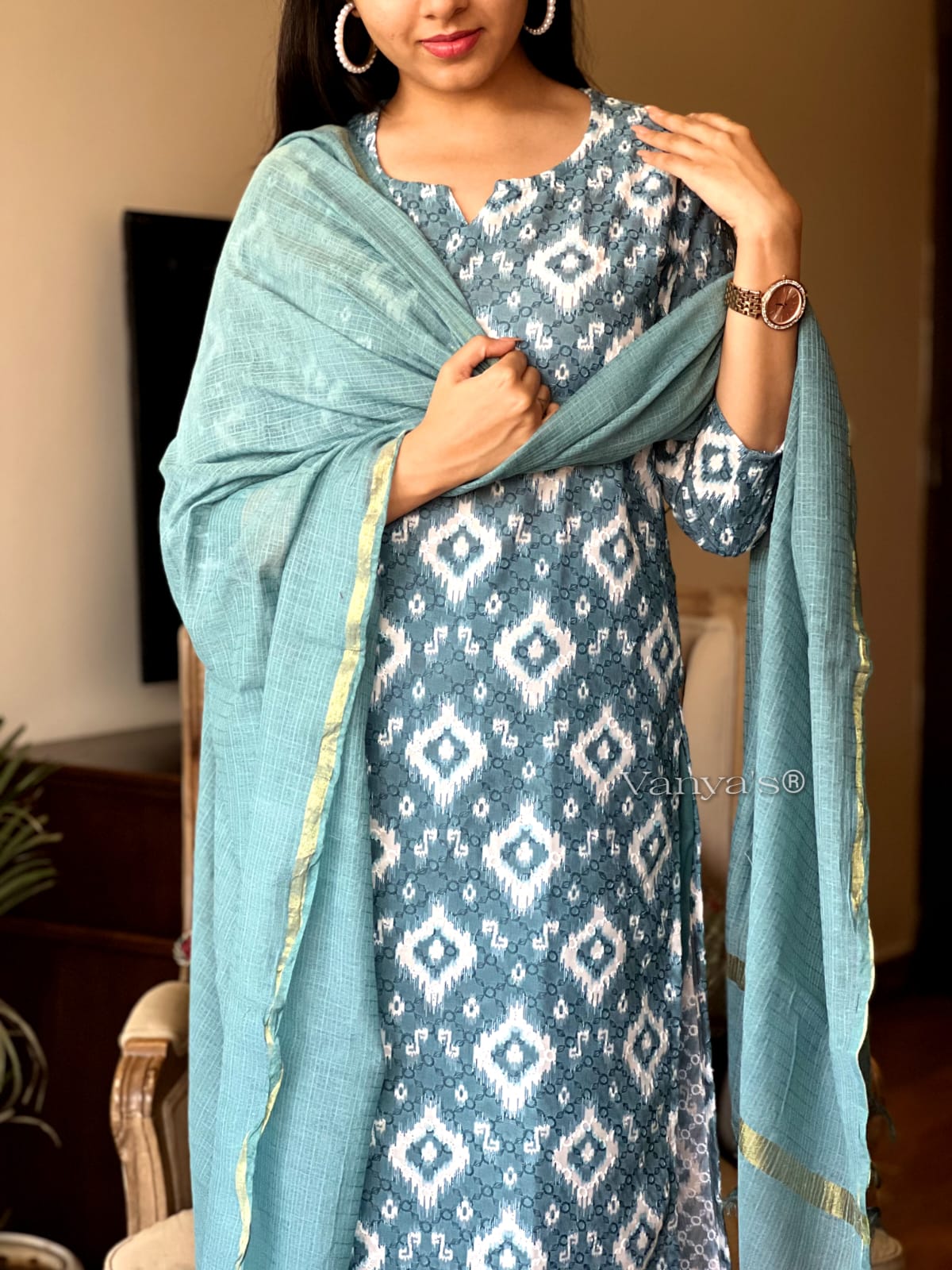 Blue Cotton Kurta Set with Chikankari Work
