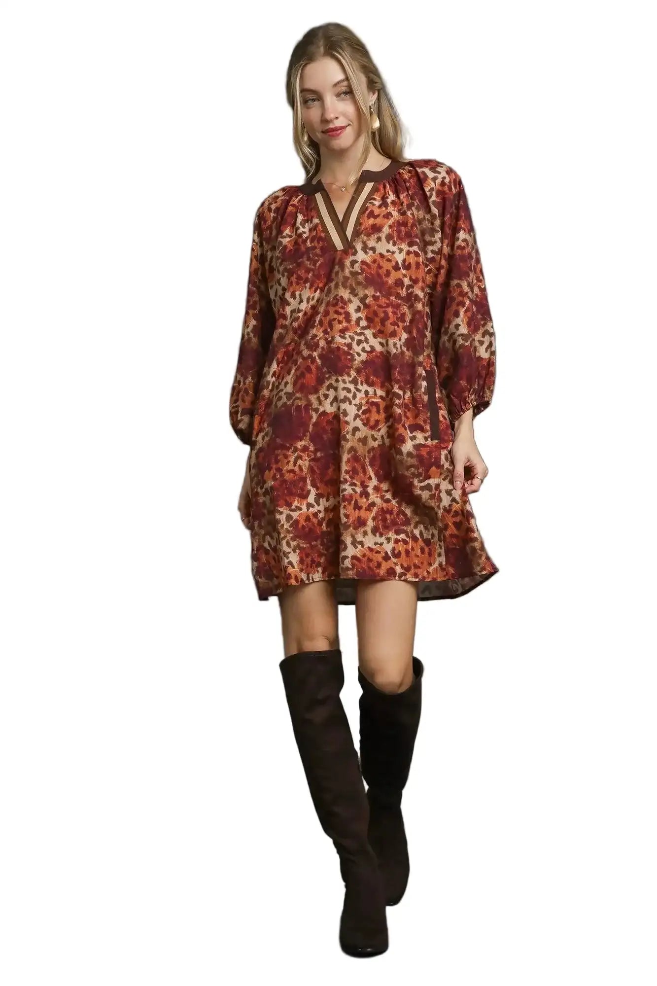 Umgee Animal Print Boho Tunic Dress with Contrast Trim Detail