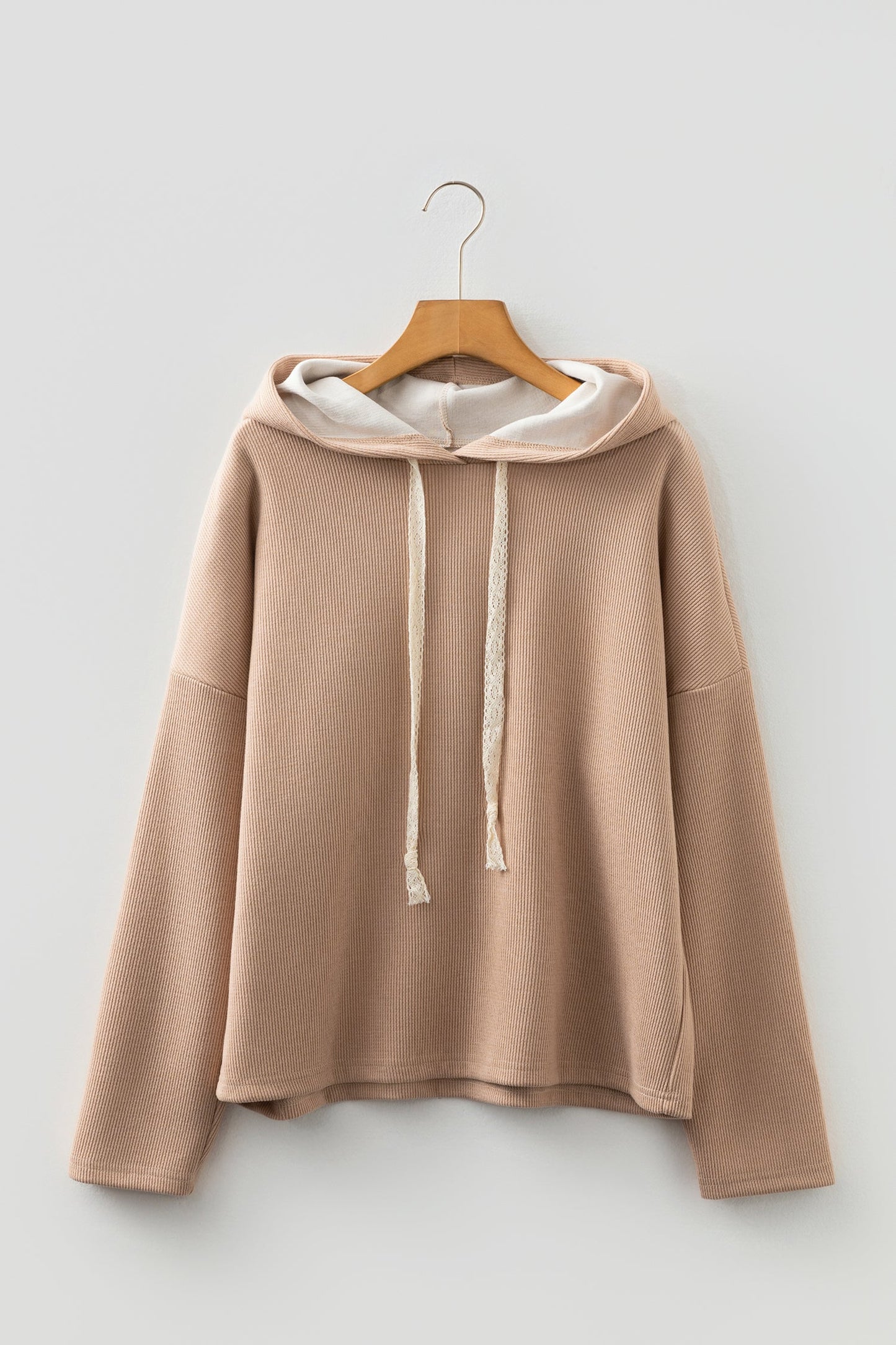 Ribbed Knit Leopard & Lace Drawstring Hoodie Smoke Gray