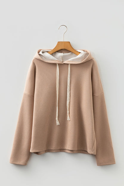 Ribbed Knit Leopard & Lace Drawstring Hoodie Smoke Gray
