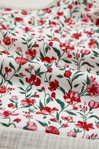 Red Floral Print Gauze Patchwork Henley Button 3/4 Sleeve Blouse