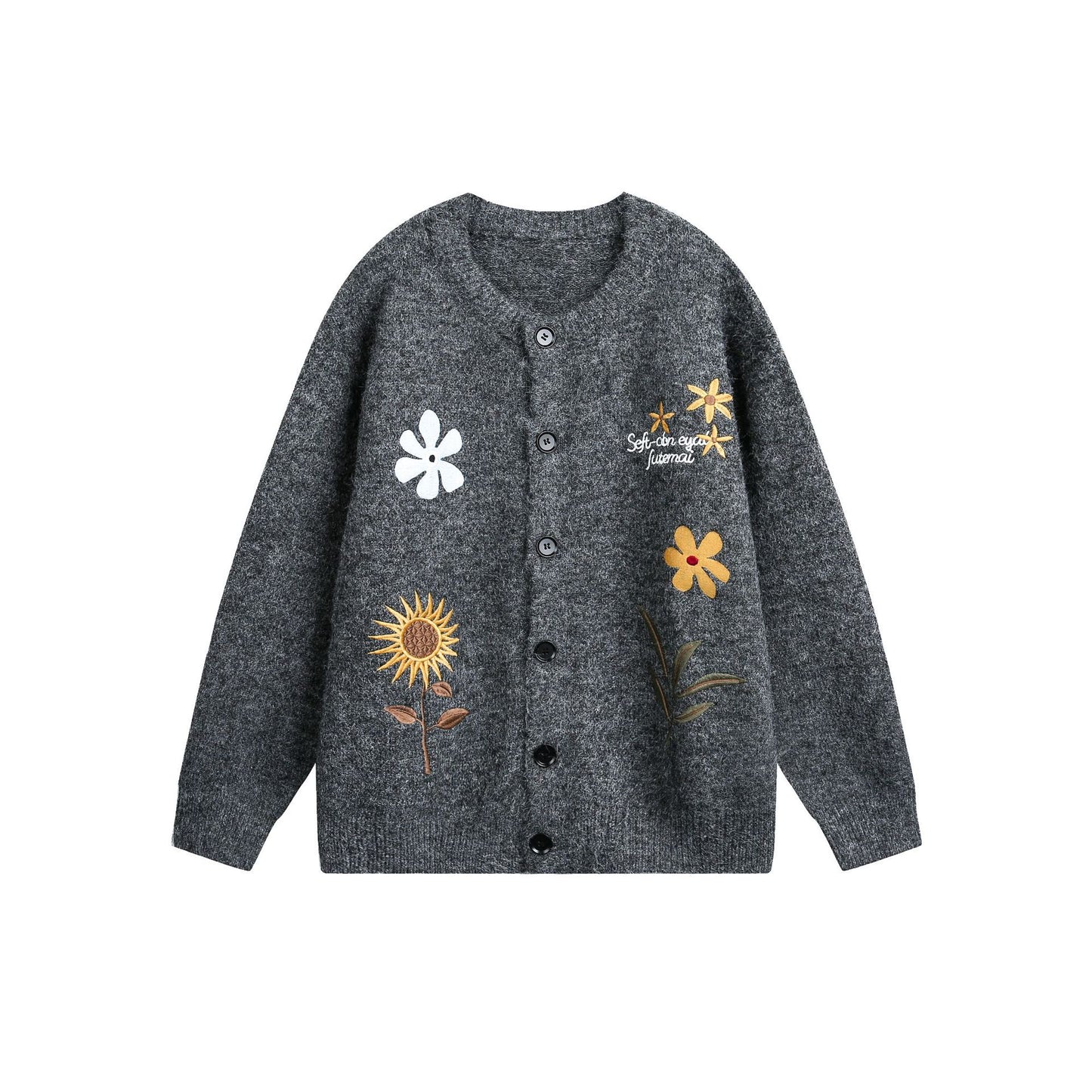 Women’s Retro Floral Embroidered Cardigan Sweater Dark Gray Melange