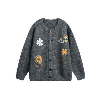 Women’s Retro Floral Embroidered Cardigan Sweater Dark Gray Melange