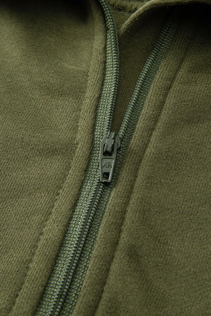 Green Zip Stand Collar Ribbed Thumbhole Sleeve Sweatshirt