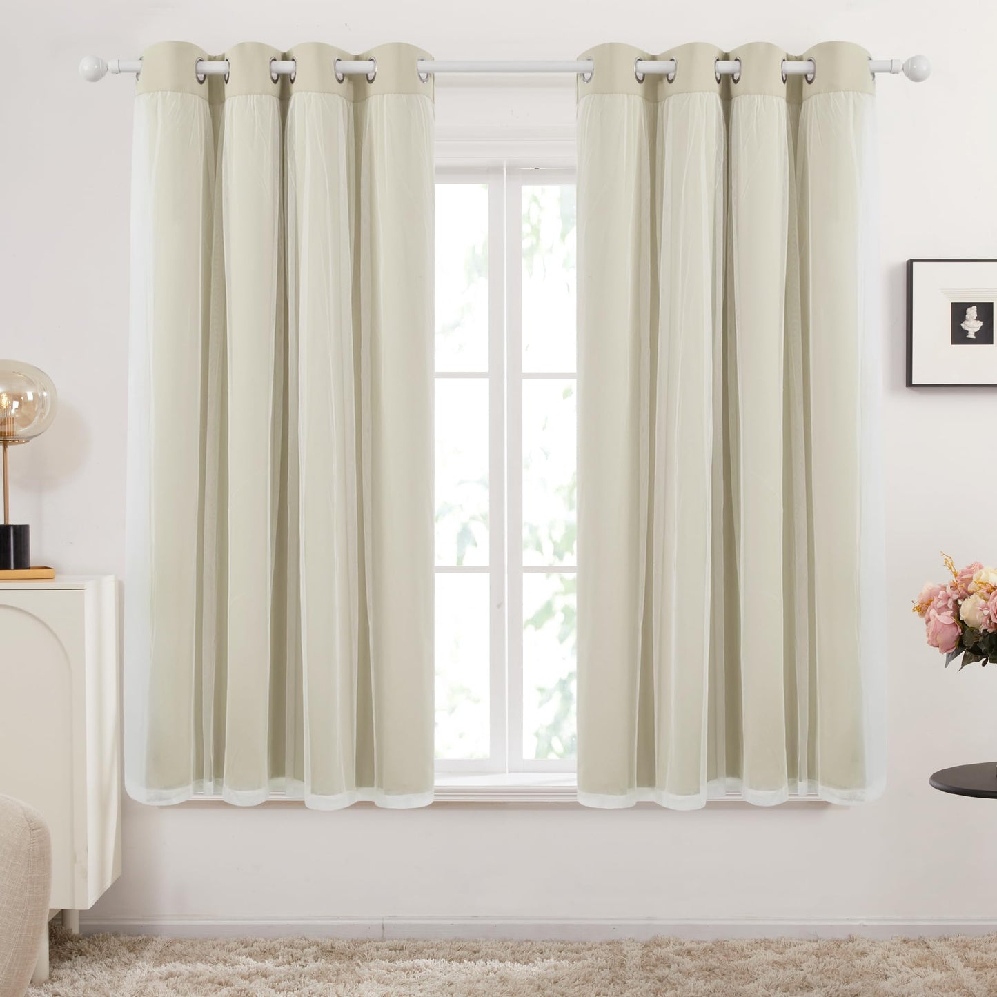Double Layer Blackout & Sheer Curtains Light Beige