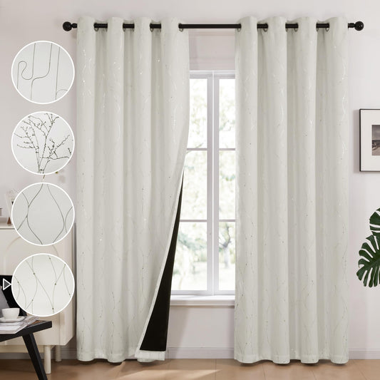 Total Blackout Curtains with Silver Print, 2 Panels Light Beige Silver Line with Dots 63.0L x 52.0W inches